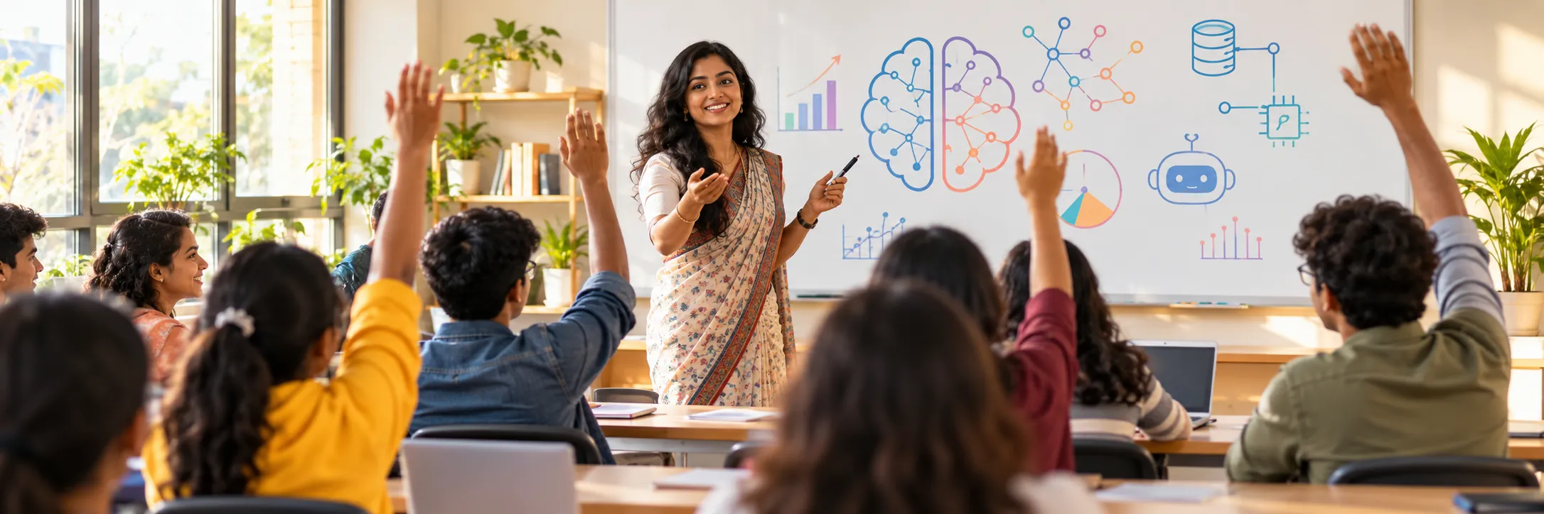 Instructor teaching data and AI concepts to students in a classroom